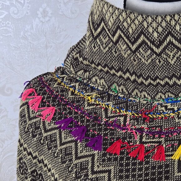 One Size Brown Cream Chevron Striped Poncho Rainbow Embroiderd Tassels Fringe - Picture 3 of 11